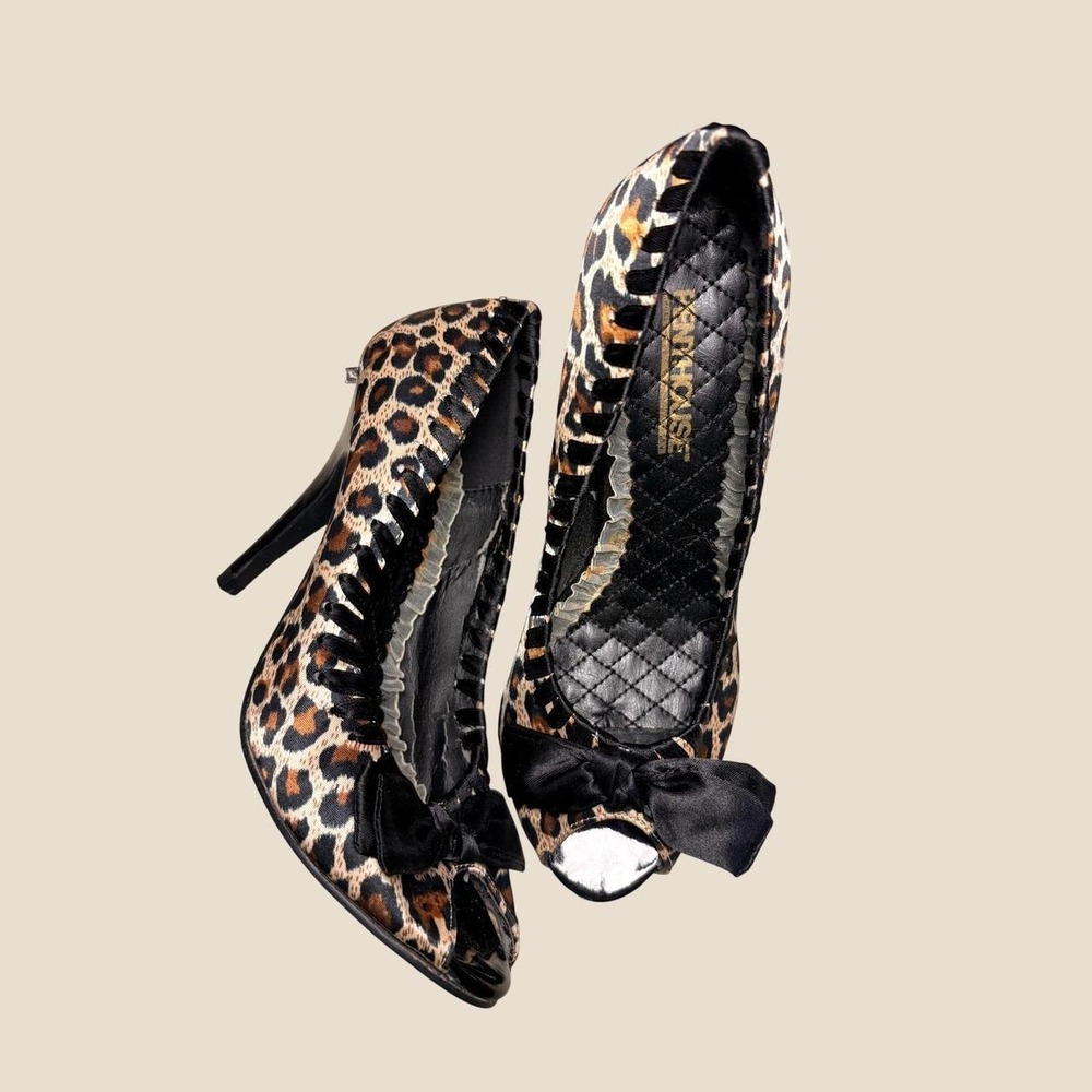 Y2K Penthouse Scene Leopard Print Peep Toe Pumps Black Bow Heels Stiletto